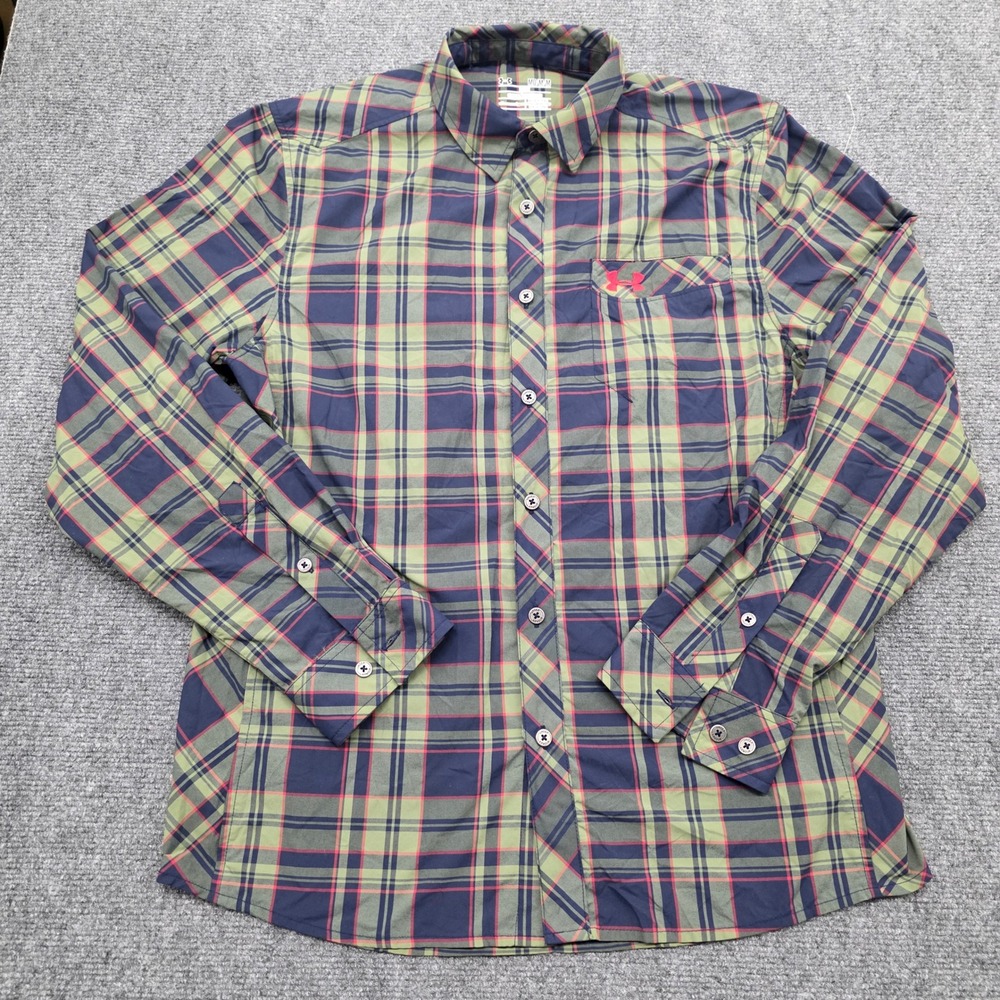 Under Armour Mens Plaid Button Up Long Sleeve Shirt Green Navy Red Size Medium